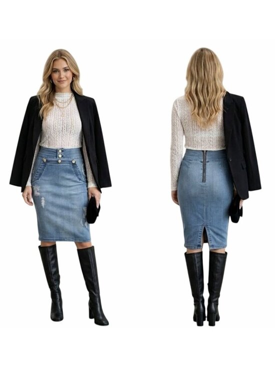 bebe Dresses & Skirts - ❤️Bebe Women’s Blue Denim Midi Skirt Size 27 Distressed Gold Buttons Jean Skirt
